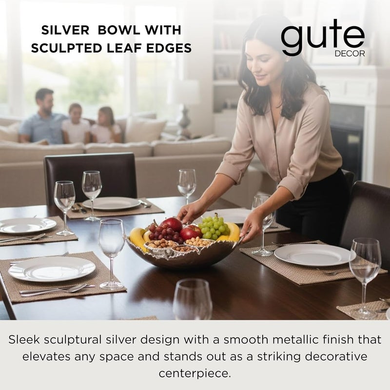 Gute 12 Inch Premium Decorative Antique Silver Hammered Torn Metal Centerpiece Bowl, Sculpted Leaf Edges Coated Chrome Allure Aluminum Platter Modern Table Accent, Home Kitchen Dining Room Textured Display - Image 2